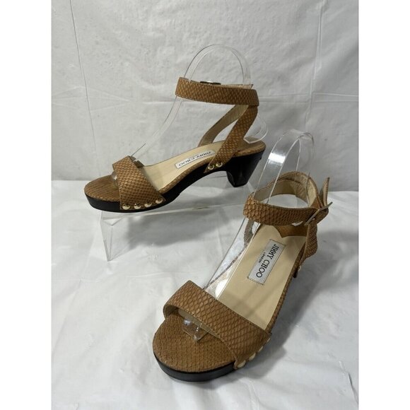 Authentic JIMMY CHOO Leather Snake Embossed Tan and Brown Wood heel size 37 - Picture 12 of 15